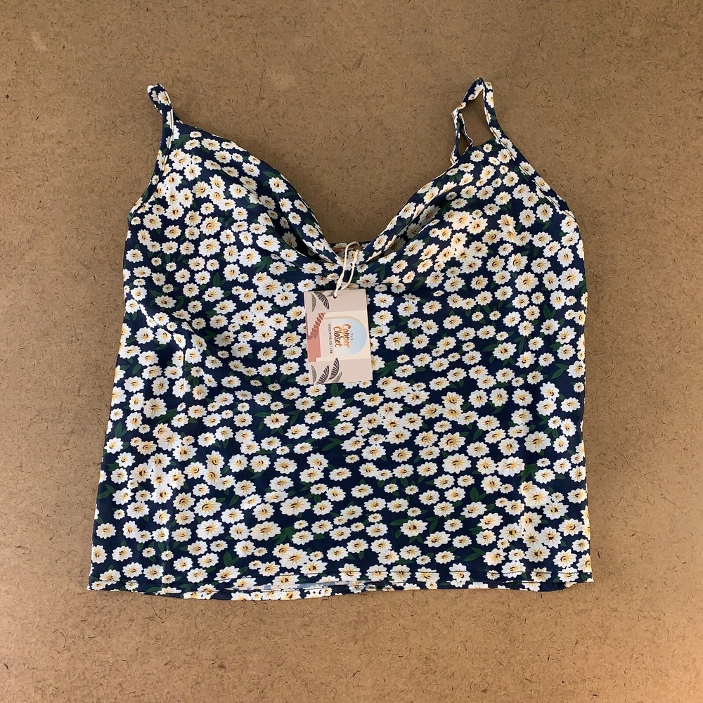 The Copper Closet Women's Small Navy White Floral Print Satin Cowl Neck Tank NWT